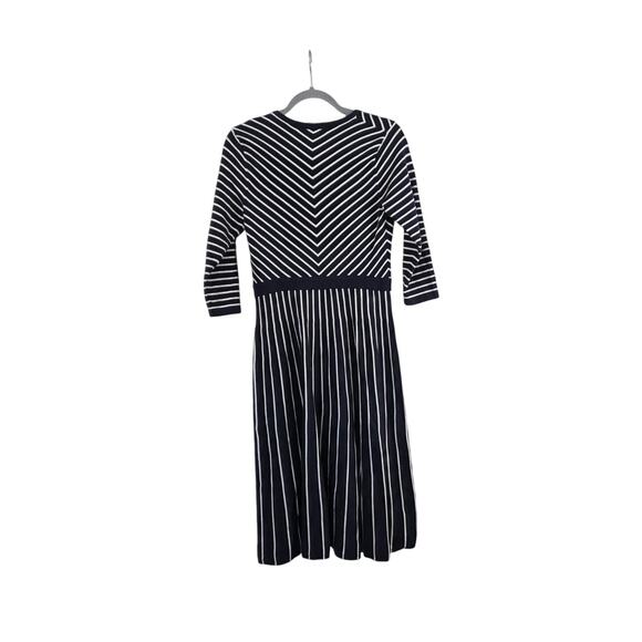 Boden Fit & Flare Navy Blue Ivory Striped Knee Length Knit Dress, Size 12L Tall - Picture 8 of 11